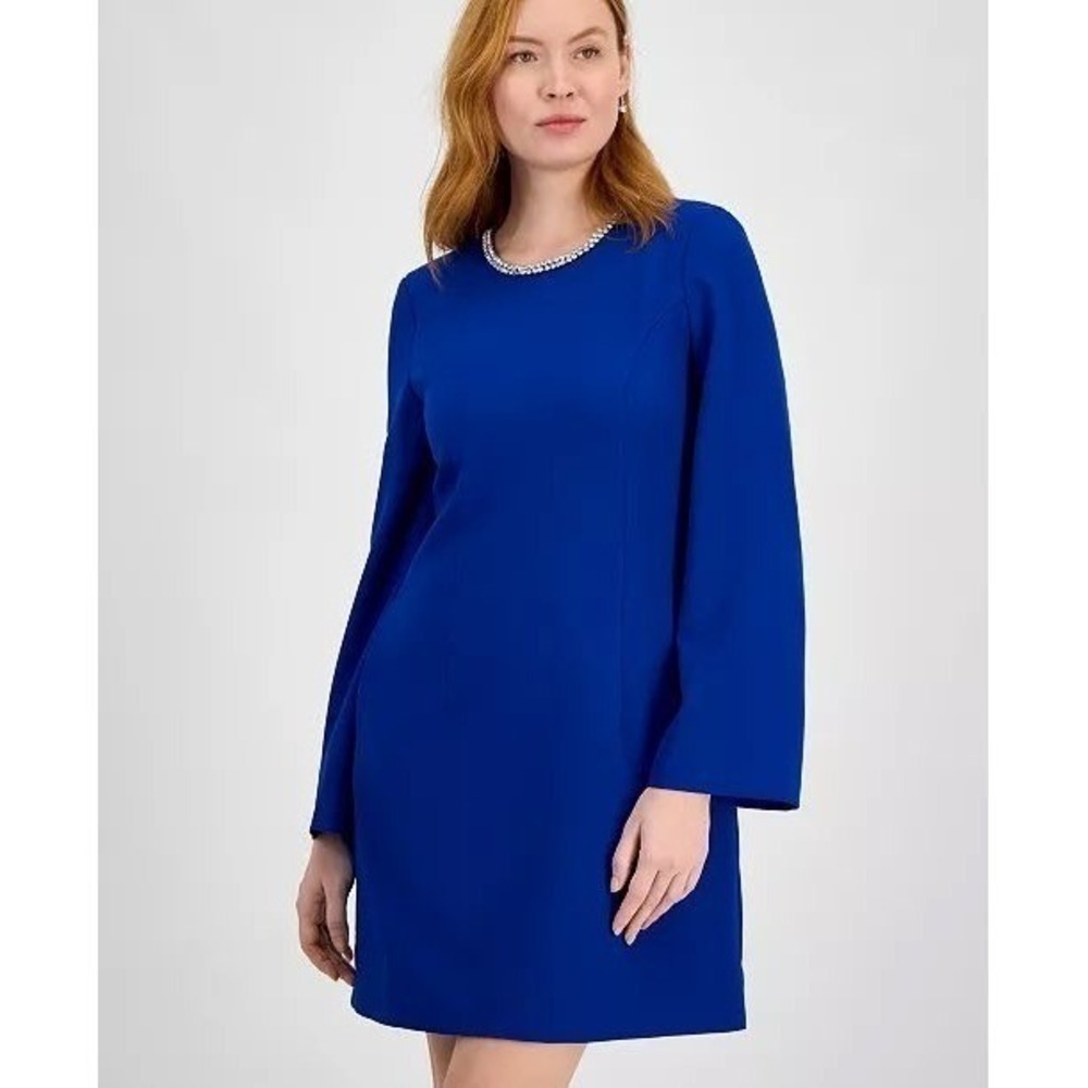 Tahari ASL Shift Dress Womens 4 Cobalt Blue New With Tags Rhinestone Trim $169
